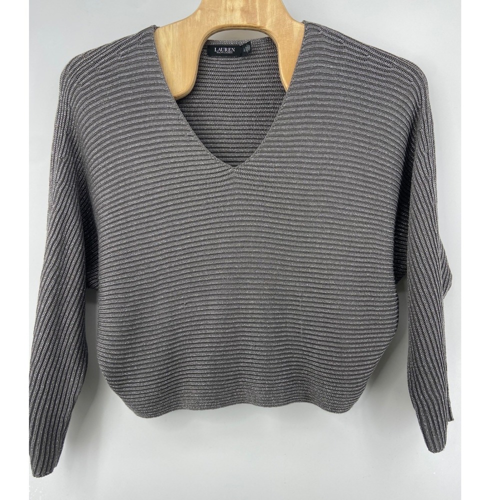 Lauren Ralph Lauren Sweater Womens Large Silver Metallic V-Neck Ribbed Dolman
